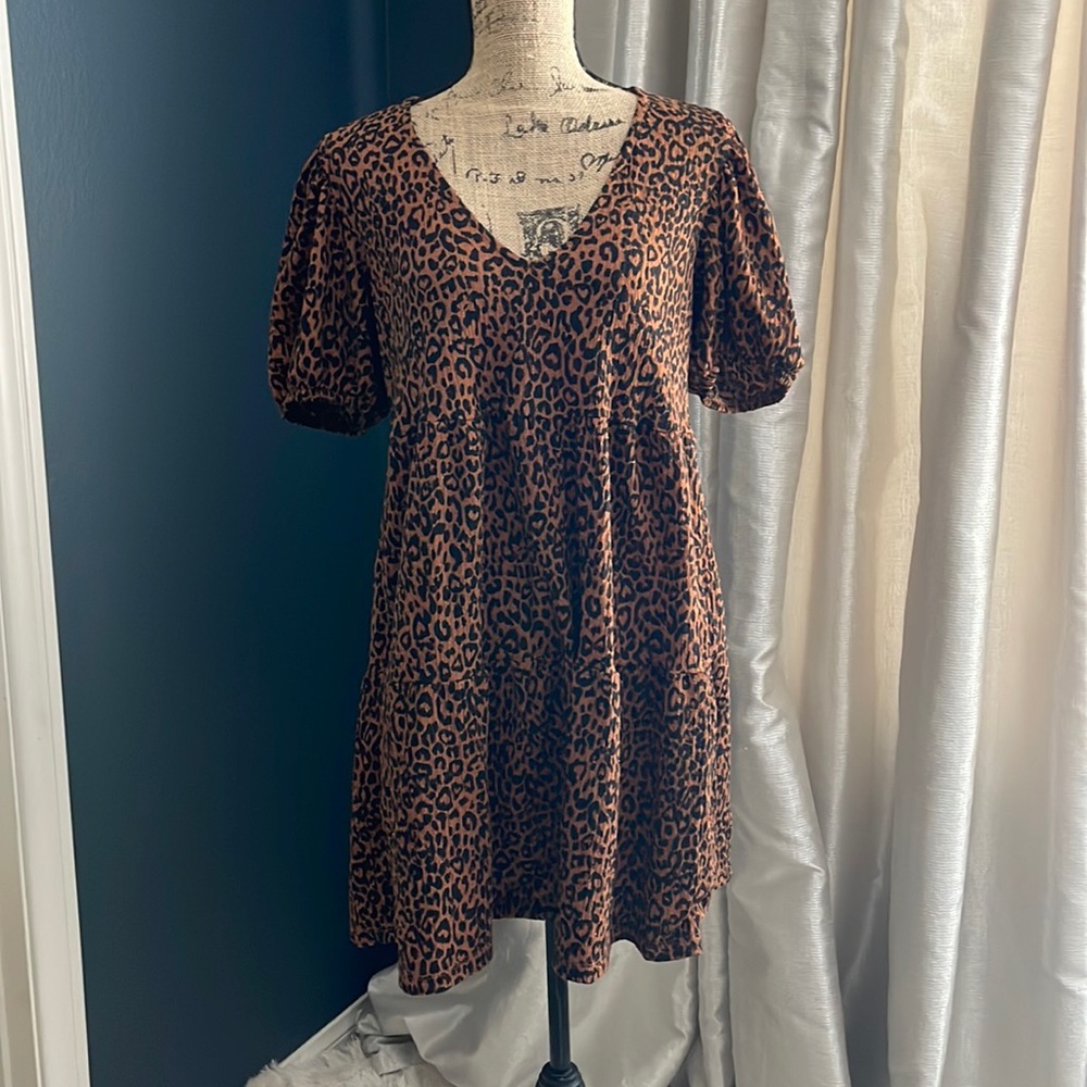 Stradivarius Brown And Black Cheetah Print Tiered Skater Dress Size Large